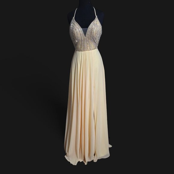 Faviana Pastel Yellow Halter Beaded A-line Lace-Up Chiffon Dress New with Tags - Picture 5 of 10